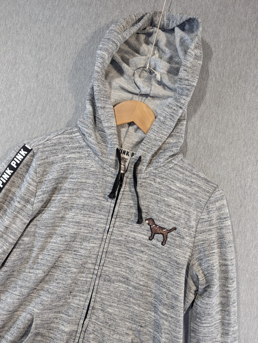 Pink Victoria's Secret Metallic Dog Hoodie Women's Small Heathered Gray Full Zip